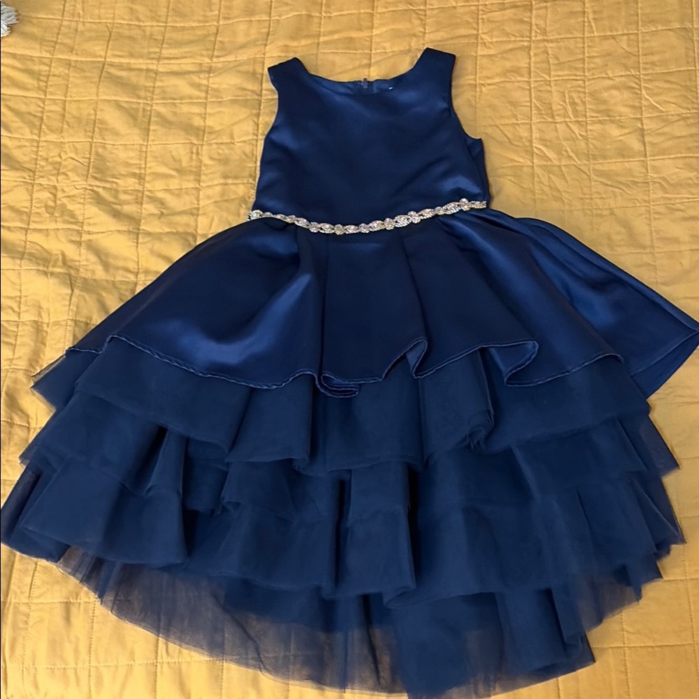Rare Editions Navy Blue Layered Tulle Dress with Rhinestone Belt